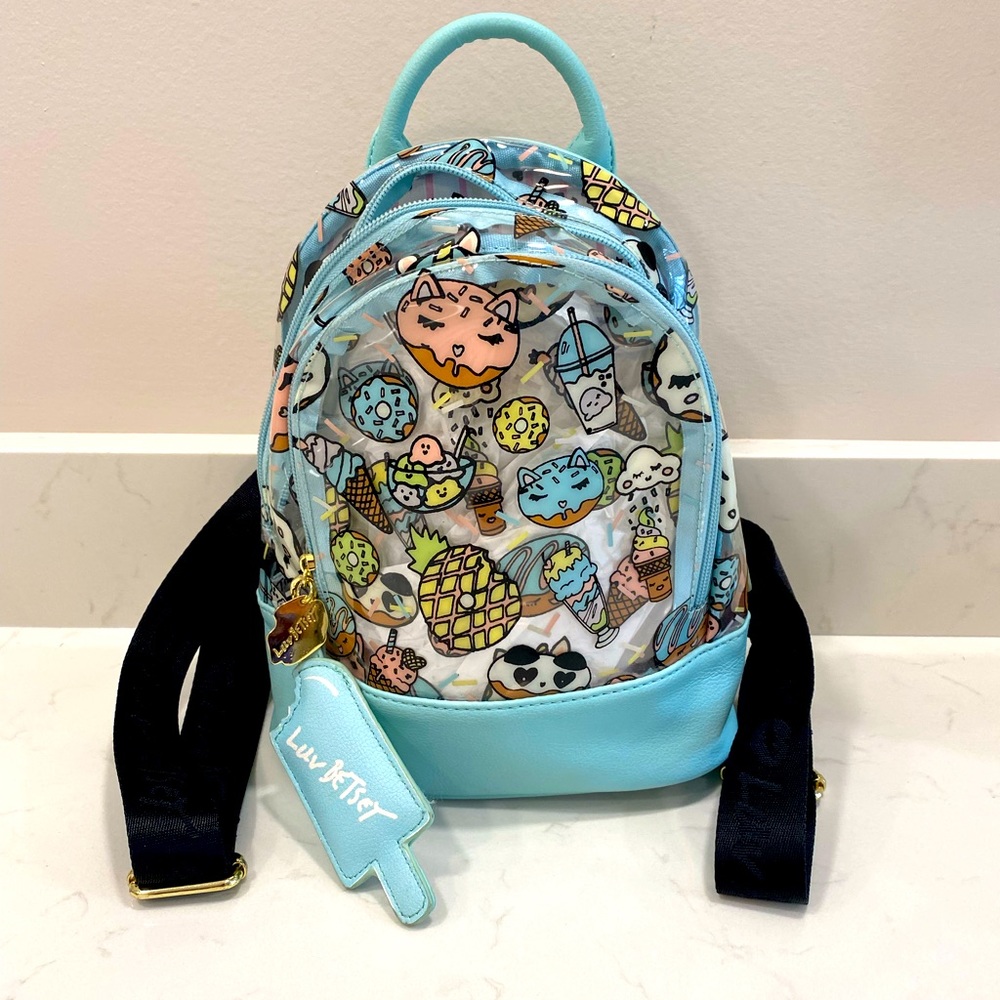Betsey Johnson Clear Small Backpack Snacks Donuts Ice Cream Light Blue .